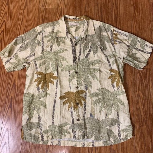 Tommy Bahama‎ Mens Large 100% Linen Palm Tree Print Hawaiian Shirt - Picture 1 of 4